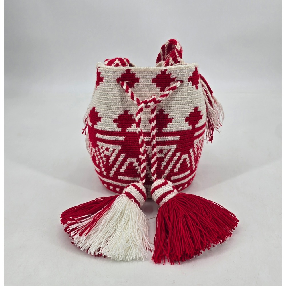 Wayuu Crochet Mochila Bucket Bag Red Ivory Geometric Boho Crossbody